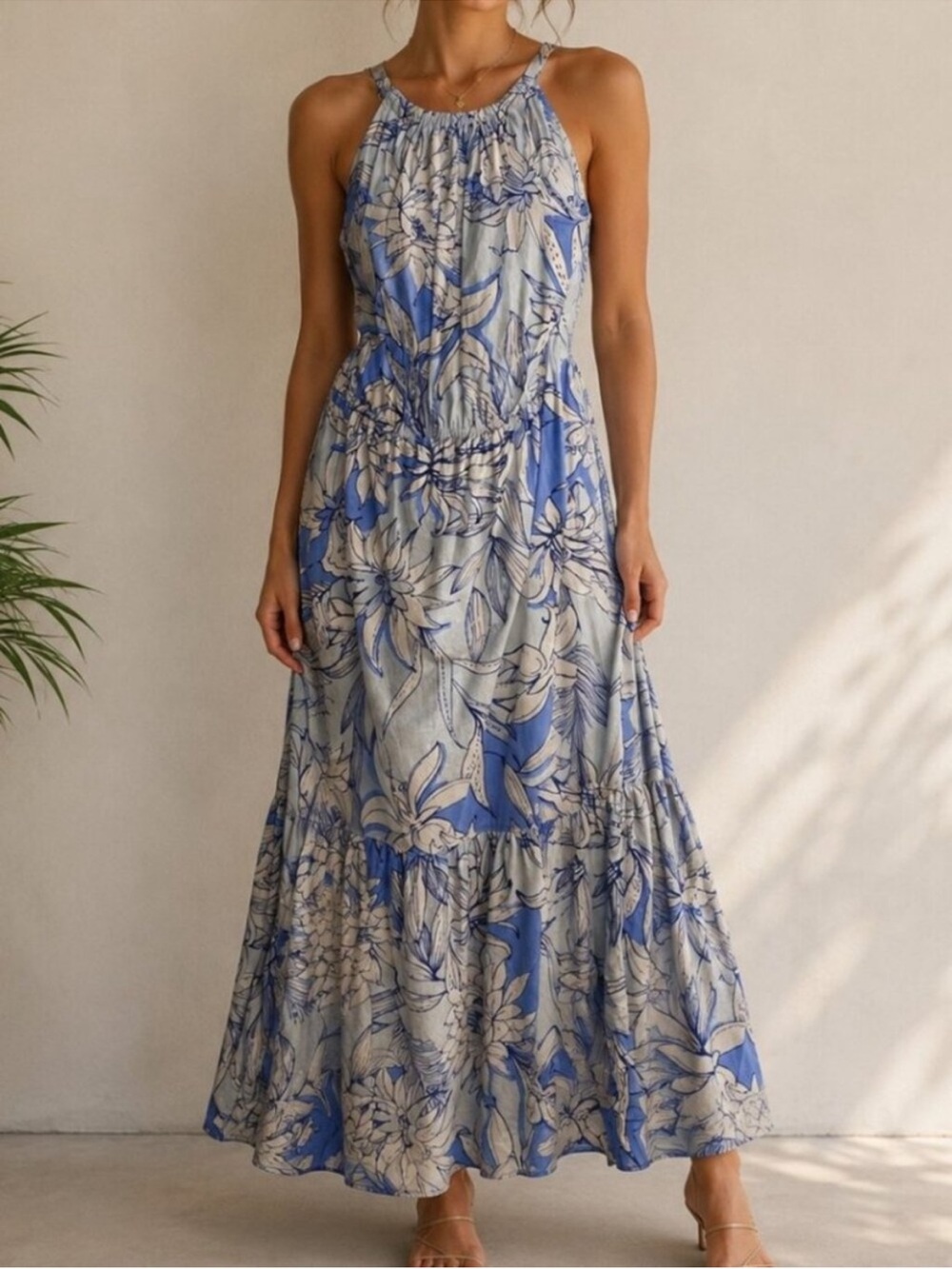Halston Linen Blend Floral Maxi